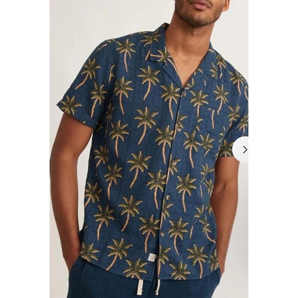 MARINE LAYER Mens Sz‎ M Atlas Textured Shirt in Navy Blue Palm Tree Print NWT